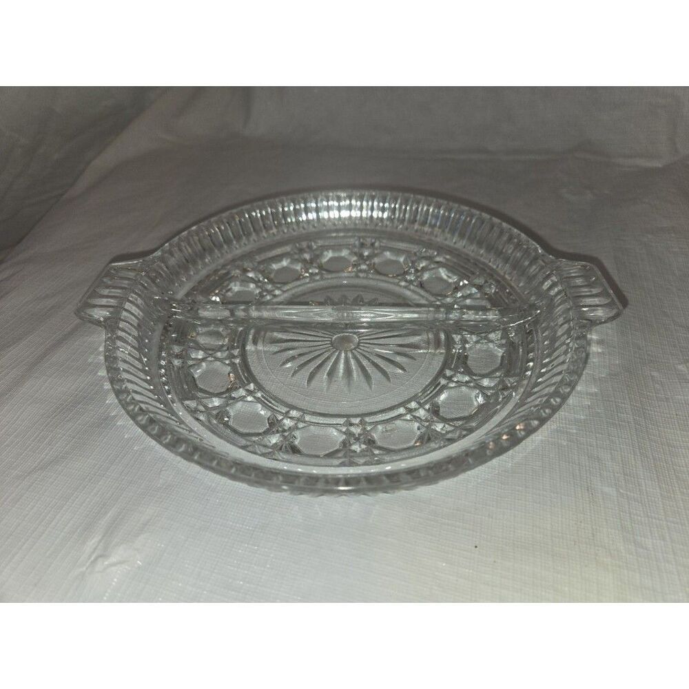 Vintage Clear Glass Round Divided Nut, Candy or Relish Dish w/ Two Handles
